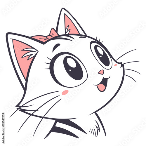 Adorable cartoon illustration of a white cat's face with big eyes, pink ears and blush, wearing a bow, looking up