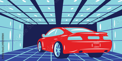 Pop Art Style Illustration of a Red Sports Car in a Futuristic Geometric Garage