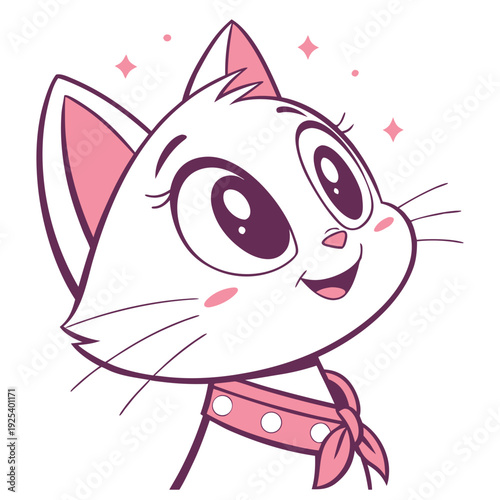 Charming cartoon illustration of a white cat face with large eyes, pink accents, wearing a polka dot collar and looking up with sparkle