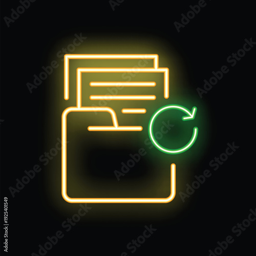 Glowing neon icon of a folder containing documents, symbolizing the concept of data recovery