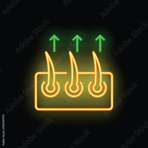 Neon icon of hair follicles growing from skin with arrows representing hair growth