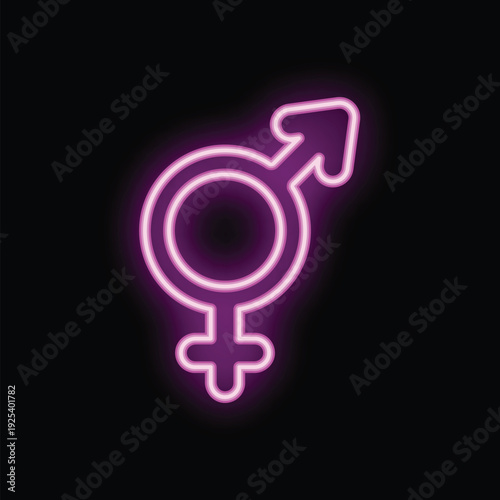 Neon pink heterosexual gender symbol glowing on black background