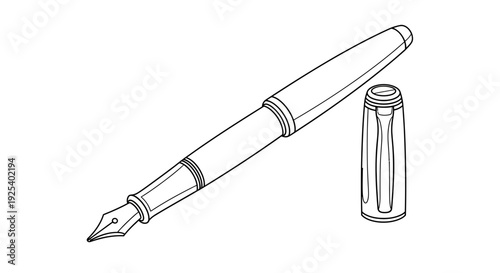 Elegant Fountain Pen with Cap, Classic Writing Instrument Line Art Illustration
