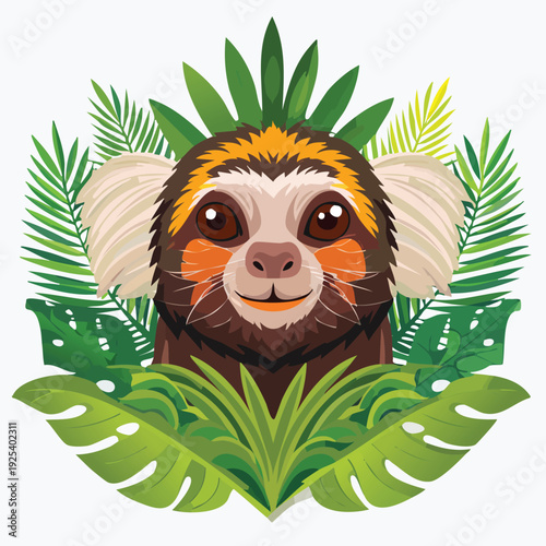 Cartoon primate surrounded by tropical plants on white background