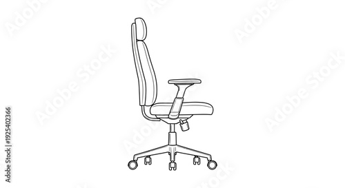 Ergonomic Office Chair with Headrest and Armrests, Side View Line Drawing