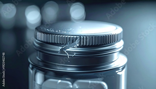 FlyPro Firefly Silver tamper-evident seal on a plastic pill bottle showing a slight tear, indicating opening, photorealistic DSLR style