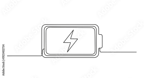 Battery Icon, Charging Symbol, Energy Power, Continuous Line Drawing