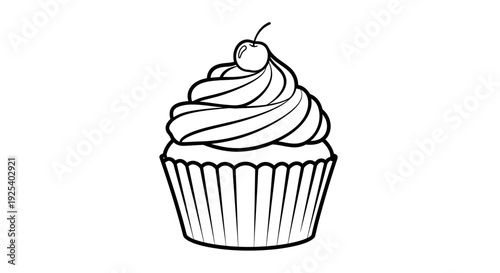 Black and White Outline of a Delicious Cupcake with Cherry Topping