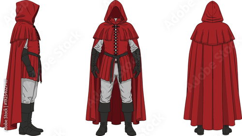 Red hooded cloak character front side back views medieval fantasy costume vector illustration isolated