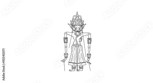 Traditional Indonesian Wayang Kulit Puppet Character Outline Drawing
