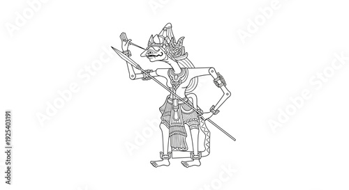 Traditional Indonesian Wayang Kulit Puppet Outline Drawing