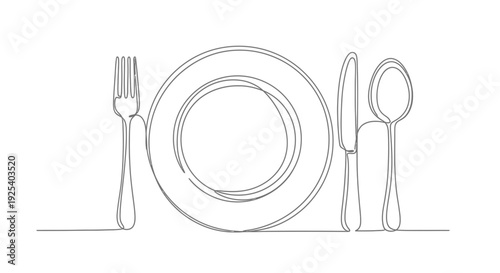 Minimalist single line drawing of a plate with fork, knife, and spoon, representing dining and food.