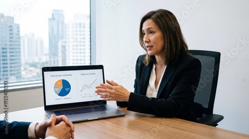 Financial advisor explaining investment allocation strategies while presenting data on a laptop, with city skyline in background