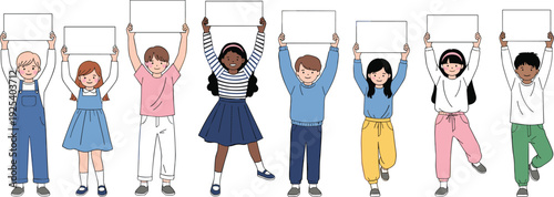 Diverse Kids Holding Blank Signs Vector Illustration with Happy Children Raising Placards Isolated Education and Protest Concept