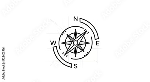 Minimalist compass icon, navigation symbol, direction finder, travel and adventure graphic element