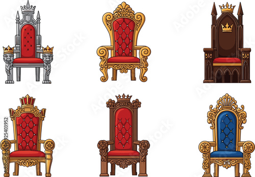 Royal Throne Chairs Vector Set with Golden King and Queen Seats Isolated Luxury Furniture Collection