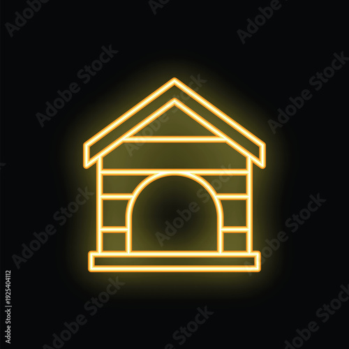 Yellow neon sign illustrating wooden doghouse glowing on black background