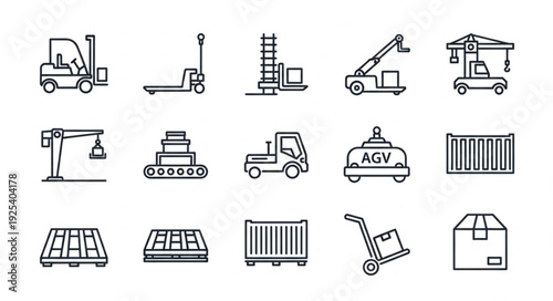 Collection of industrial logistics and material handling icons.