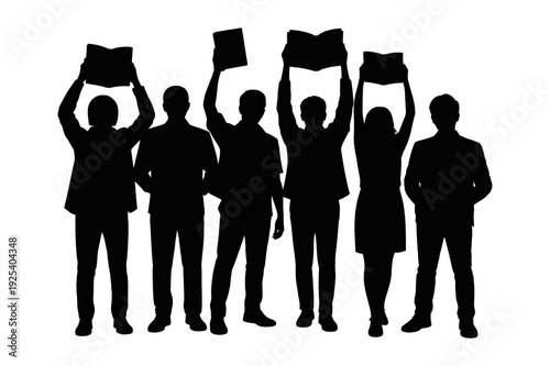 Silhouette of Business Team Holding Blank Protest Banners Icon Set. Corporate Demonstration, Rally, Activism, Strike, Public Protest and More. Vector Illustration. Editable Stroke.