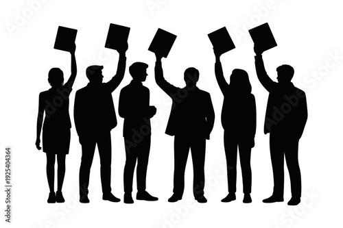 Group of Business People Holding Protest Signs Silhouette Icon Set. Corporate Demonstration, Activism, Strike, Rally or Public Protest and More. Vector Illustration. Editable Stroke.