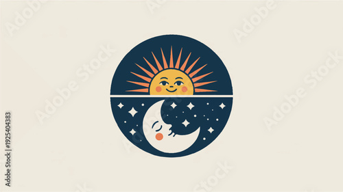 Sun and moon smiling faces in a circle day and night