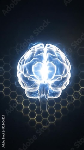 Glowing brain floating above hexagonal grid with bright light shining from center
