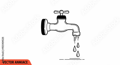 Dripping Faucet Icon, Water Drop Symbol, Plumbing Leak, Vintage Tap Illustration