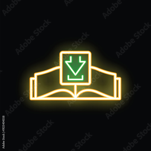 Neon icon of an open book with downloading file symbol representing online education or e learning