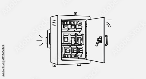 Electrical panel with open door showing circuit breakers, line art illustration