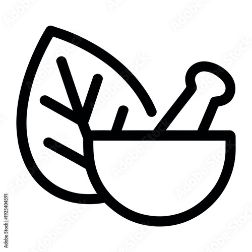 A simple black line drawing of a mortar and pestle with a leaf