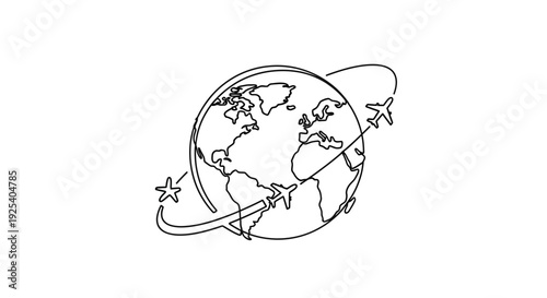 Airplane travel around the world, global flight routes, tourism concept, line art