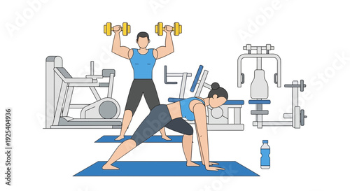 Couple Exercising with Dumbbells in Gym.