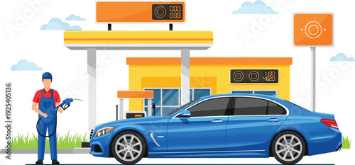 Car Refueling at Gas Station Vector Illustration with Fuel Pump and Service Worker Isolated Automotive Scene