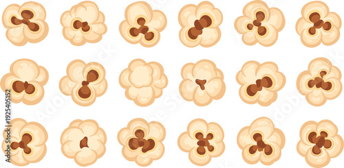 Popcorn Vector Set with Different Popped Corn Pieces Isolated Cartoon Snack Collection
