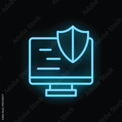 Neon blue glowing icon of a shield protecting a desktop computer on a black background