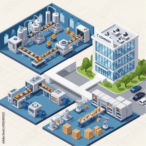 Industrial facility with office building and production stages.