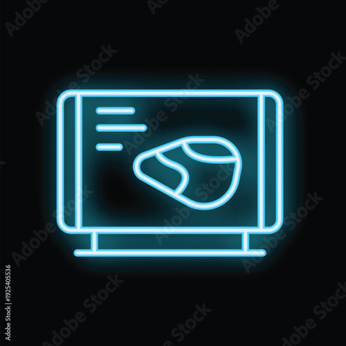 Glowing neon icon of a computer monitor displaying the results of a brain scan, set against a dark background