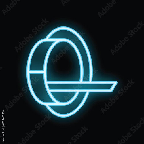 Blue neon icon of a mri scanner machine glowing on black background