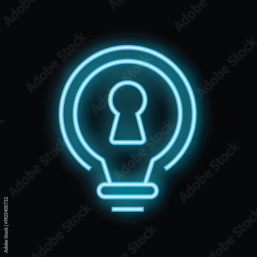 Neon blue lightbulb shining with a keyhole inside, representing protected and valuable ideas