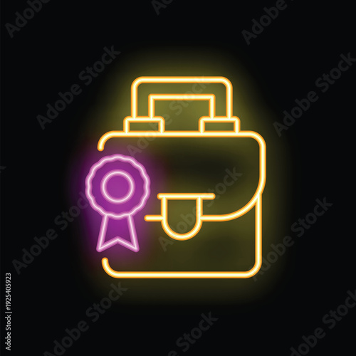 Glowing neon icon of a briefcase with a cockade, symbolizing success in the business world