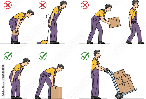 Proper Box Lifting and Handling Vector Guide with Correct and Incorrect Worker Postures Isolated Workplace Safety Collection