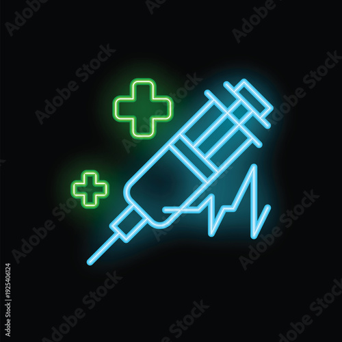 Neon blue syringe injecting medicine with ekg line and green crosses glowing on black background