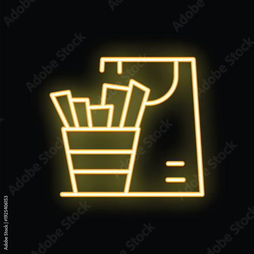 Yellow neon sign representing french fries served in a paper bag, glowing on a dark background