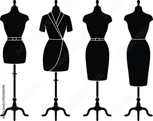 Black and white silhouette vector collection of four female dressmaker mannequins on stands for fashion boutique tailoring graphic design projects.