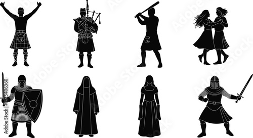 Scottish traditional characters silhouettes bagpiper dancer warrior medieval people vector illustration isolated collection set