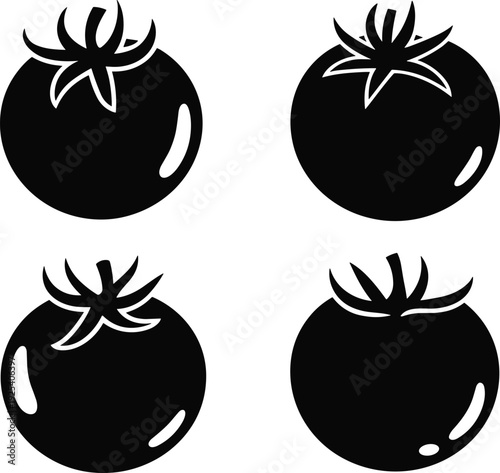 Black and white silhouette vector collection of four fresh ripe tomatoes with detailed stems for healthy food graphic design projects.