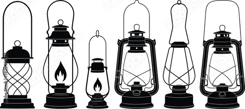 Black and white silhouette vector collection of six vintage camping oil lanterns with bright burning flames for outdoor graphic design.
