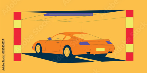 Stylized Orange Sports Car Illustration Parked in a Vibrant Graphic Parking Structure