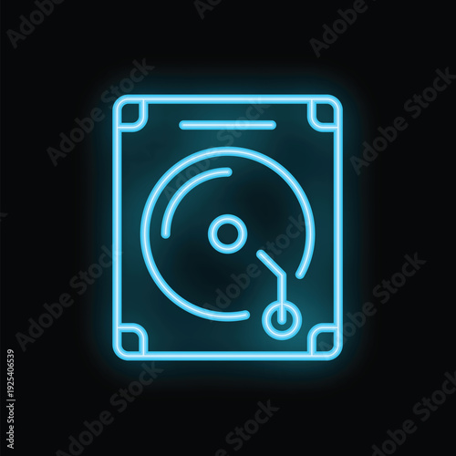Neon blue hard disk drive icon glowing on a dark background