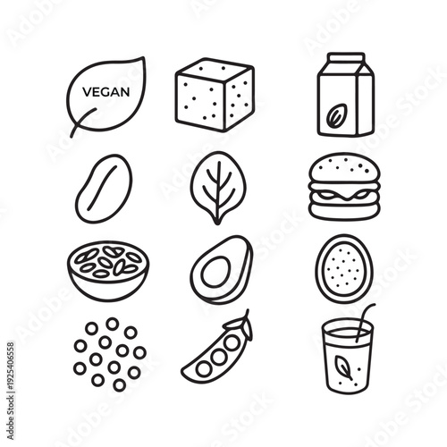 Vegan Food Icon Set Vector Illustration with Leaf, Tofu, Burger, Avocado, and Plant-Based Milk
